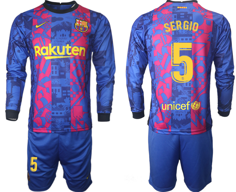 Men 2021-2022 Club Barcelona Second away blue Long Sleeve #5 Soccer Jersey